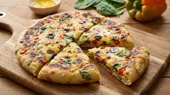 Tortilha rápida na frigideira com queijo, pimento e espinafres em 20 minutos