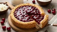Tarte de quark com cereja: base húmida e topo brilhante, pronta sem complicações