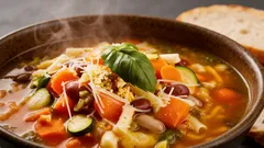 Minestrone à moda antiga: sopa de legumes com feijão, massa e pesto no final